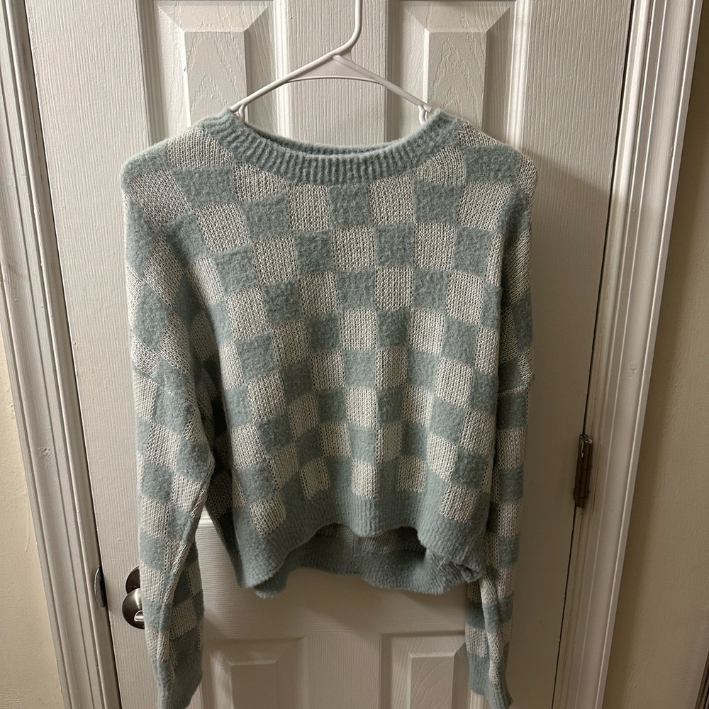 Baby Blue Checkered Crewneck Sweater